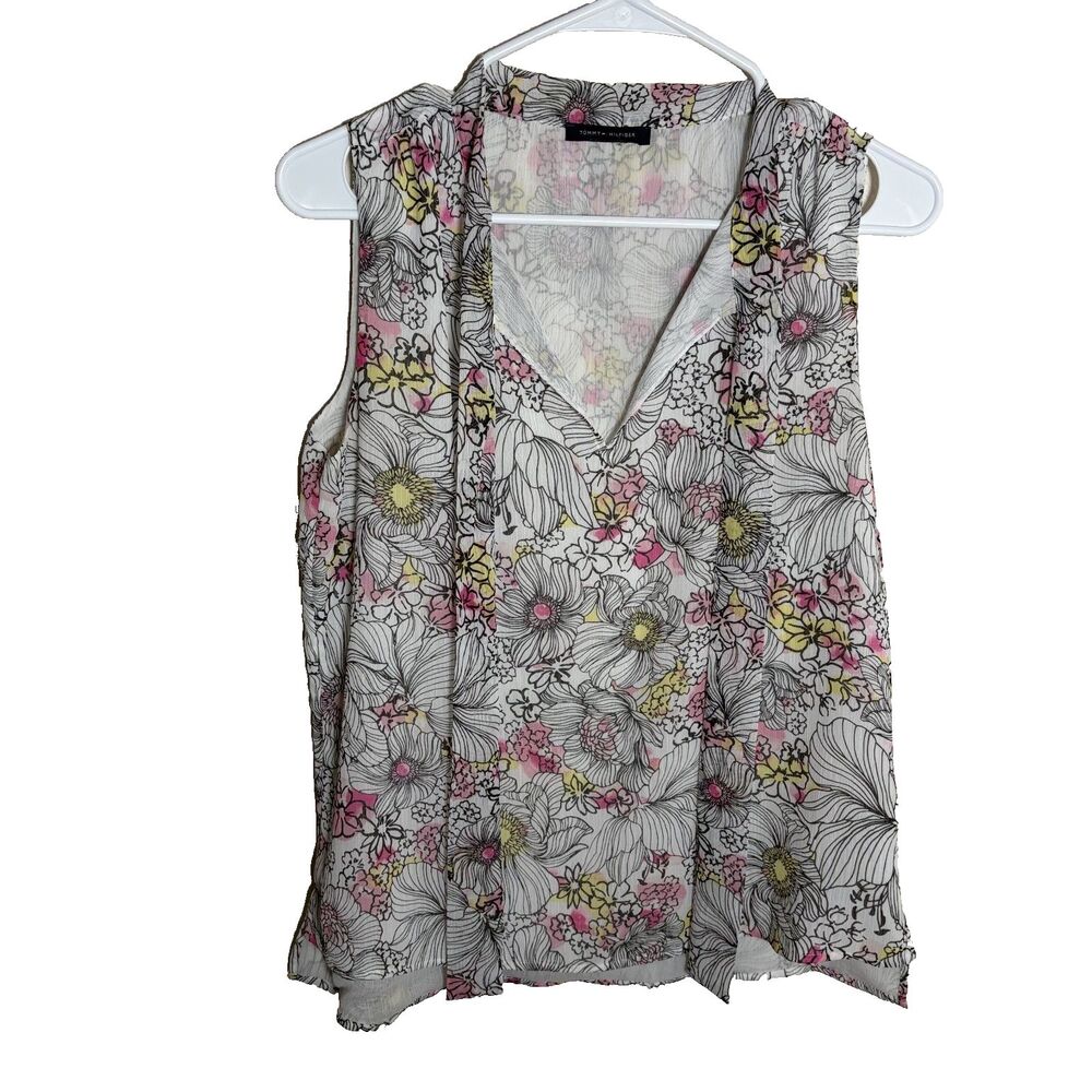 Tommy Hilfiger Tank Top Women's Medium Sheer Floral Watercolor V-Neck Top